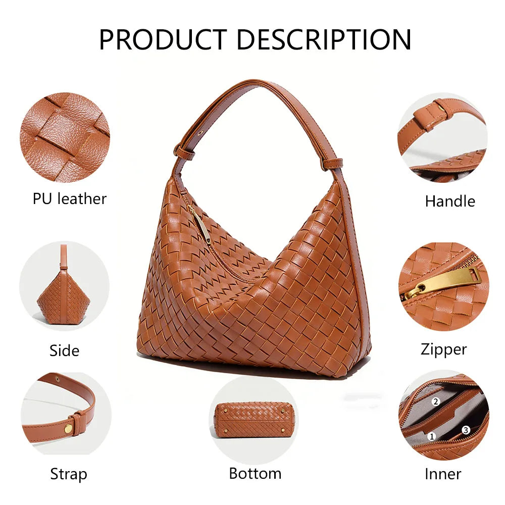 3175-1 Top-Tier Professional Vegan PU Leather Texture Finish Professional Daily Office Commute Use Woven Hobo Shoulder Bag