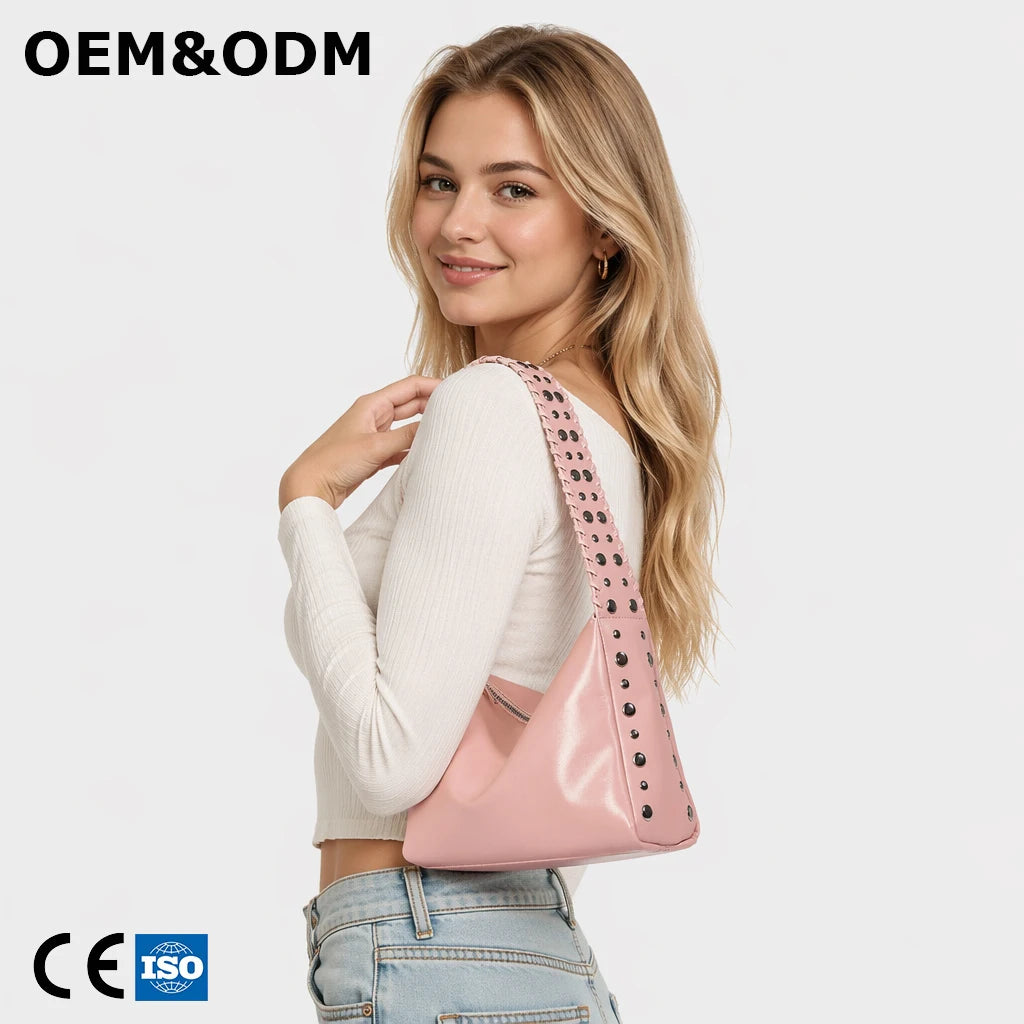 3354 G Premium Elegant Chic Studded Metal Rivets Pu Leather Hobo Shoulder Bag Purse for Daily Use Office Work Shopping