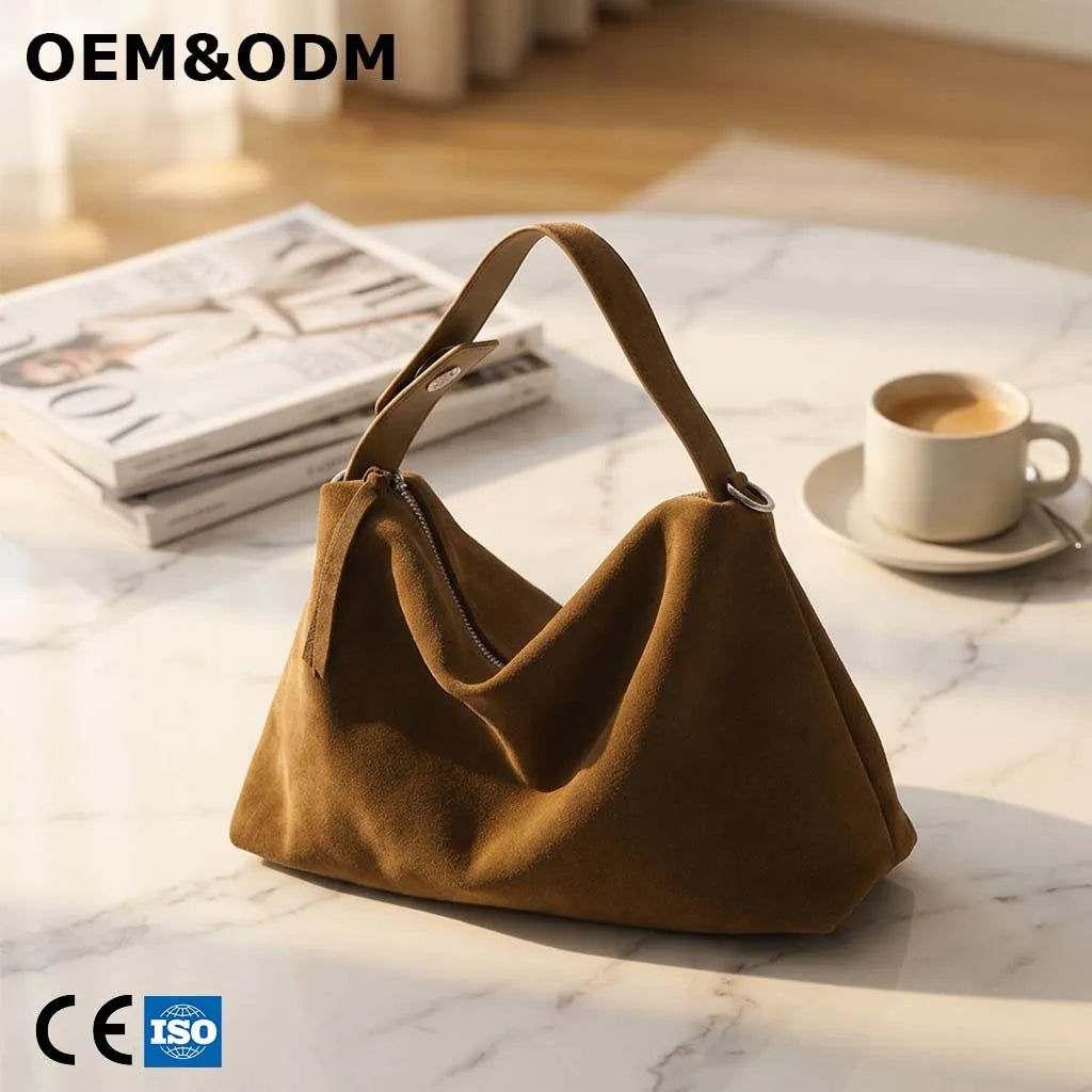 3246 L Custom Luxury Winter Pillow Genuine Leather Suede Hand Bag Zipper Closure Polyester Lining Portable Women Tote Bag