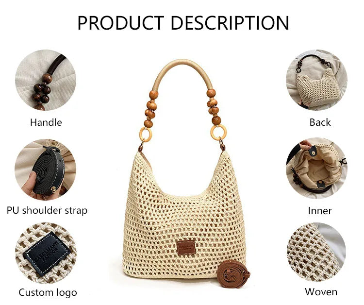 3312 E+ Women's Large Capacity Vintage Fashion Crossbody Purses Handknitted Underarm Shoulder Bag Seaside Holiday Beach Cotton