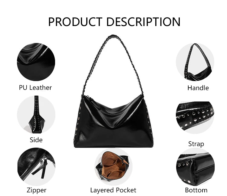 3354 G Premium Elegant Chic Studded Metal Rivets Pu Leather Hobo Shoulder Bag Purse for Daily Use Office Work Shopping